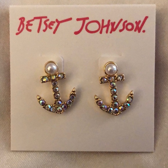 Betsey Johnson Gold Tone Cruise Control Anchor Stud Earrings Crystal Accents NWT - Picture 3 of 11